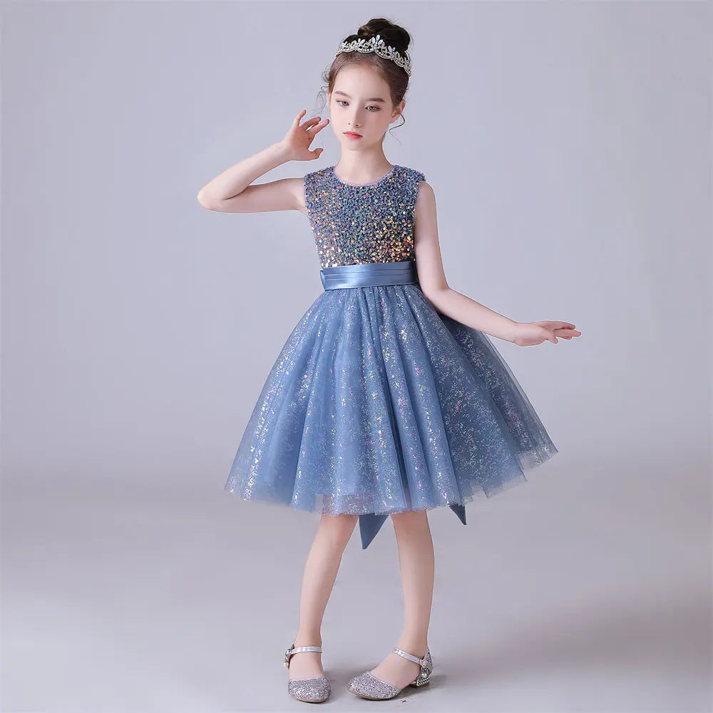 Adorable Sleeveless Flower Girl Dress in Blue Tulle with Sequin Embellishments, Blue / child-2