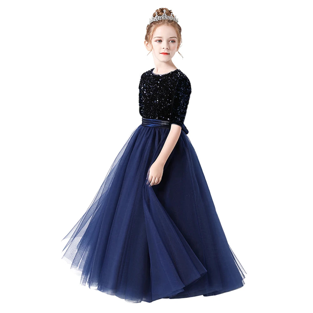 Sequin Half Sleeves Christmas Long Tulle Junior Concert Birthday Party – Elsi John