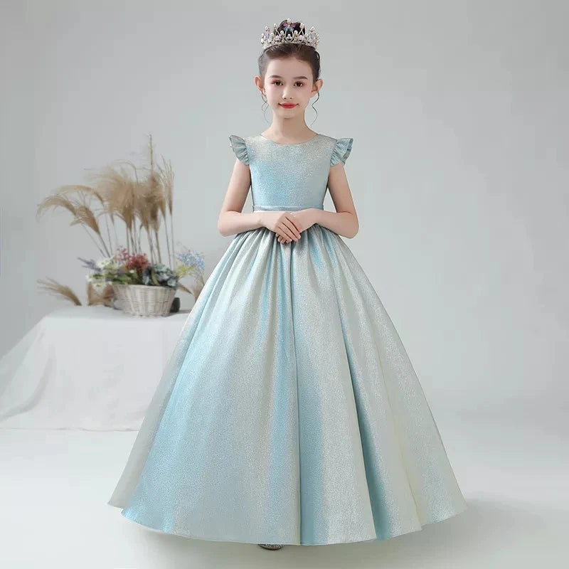 Girls Birthday Party Glitter Dress Princess Pageant Ball Gown, Sky Blue / Child-2
