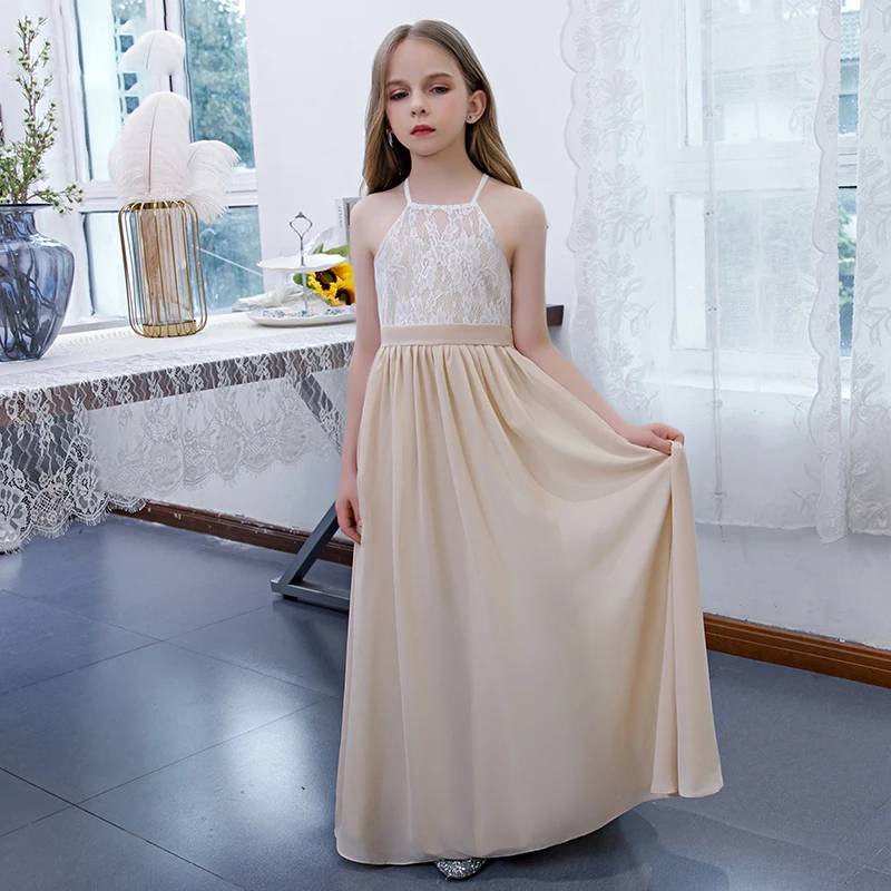 Chiffon Lace Halter Flower Girl Dress Sleeveless Open Back Long Party –  Elsi John
