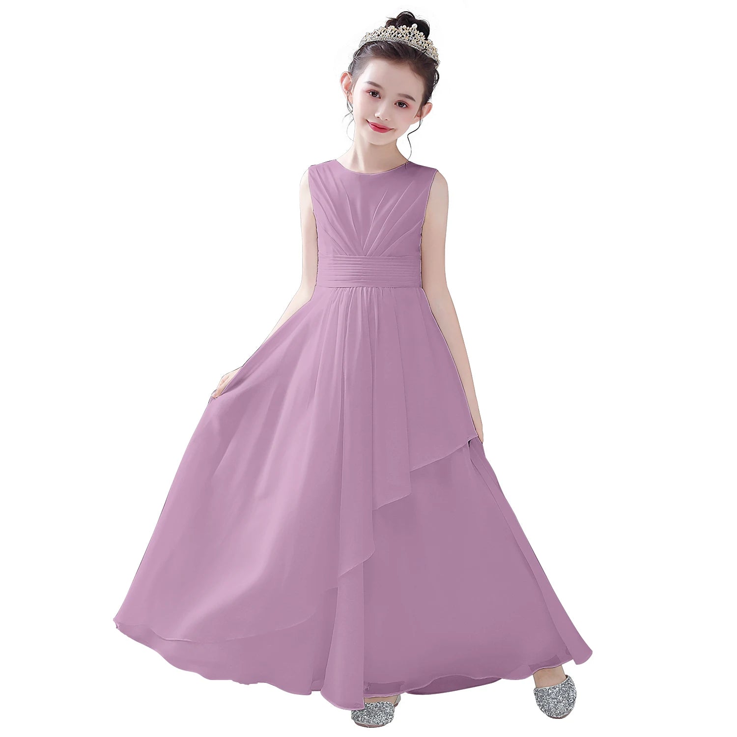 Purple Chiffon Flower Girl Dress Sleeveless Pleated Wedding Party Gown –  Elsi John