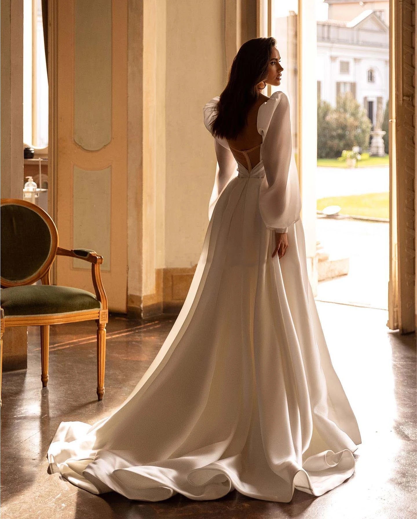 Vintage A-Line Chiffon Satin Bridal Gown with Puff Sleeves Vintage A-Line Chiffon Satin Bridal Gown with Puff Sleeves