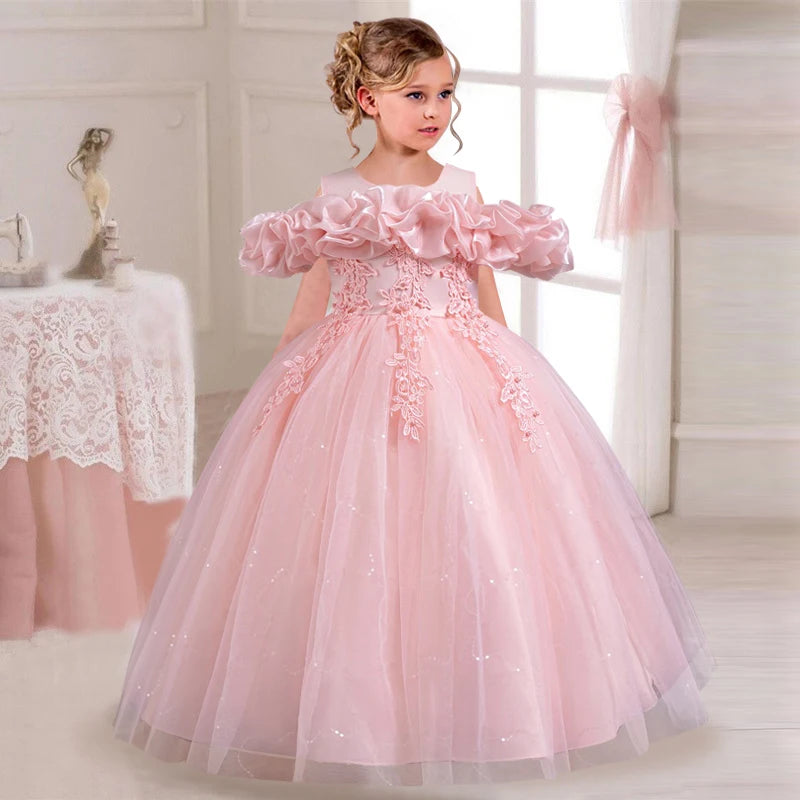 Girl's Off-Shoulder Pearl Princess Dress with Bubble Sleeves for Birth Elsi John Girl's Off-Shoulder Pearl Princess Dress with Bubble Sleeves for Birth Elsi John