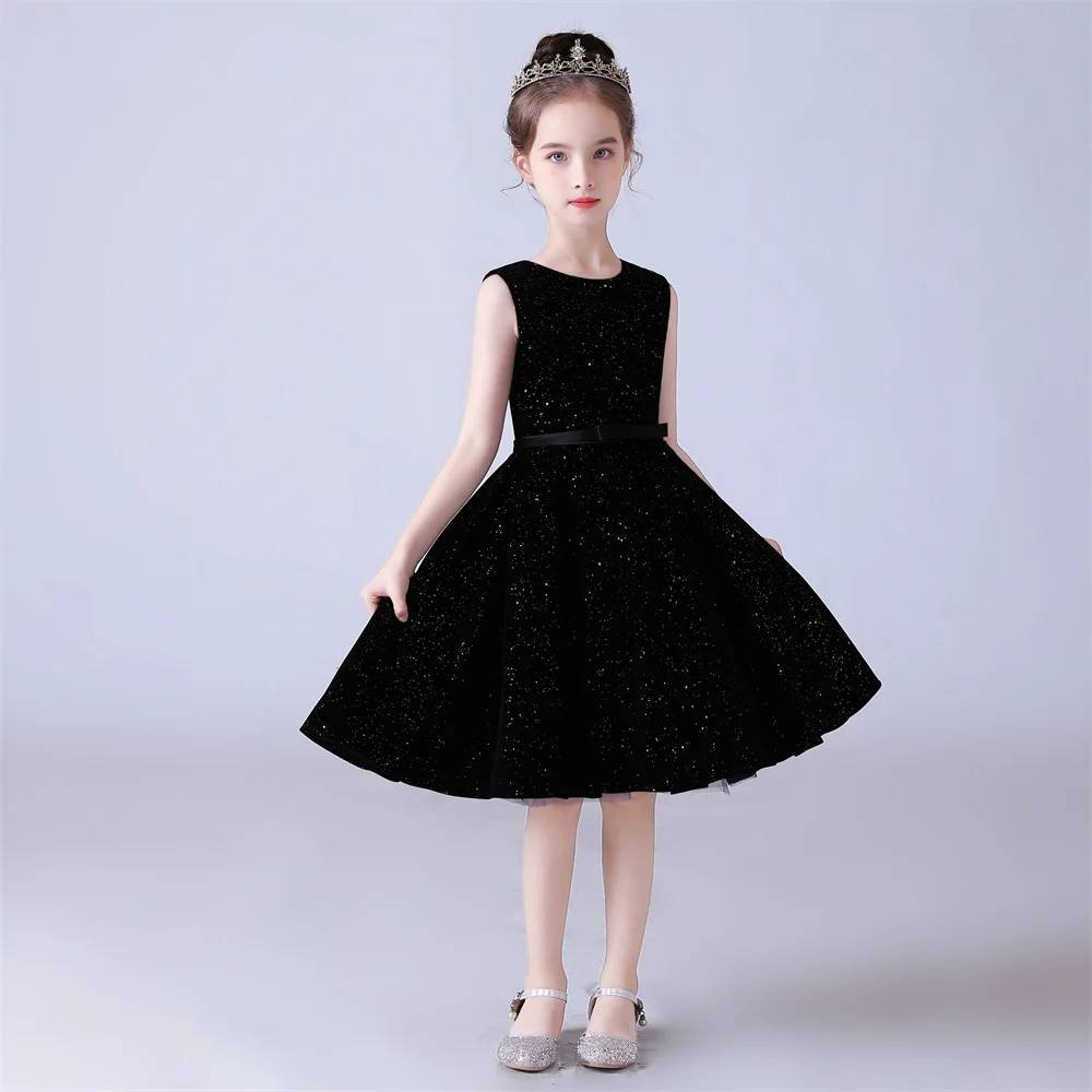 Kids Birthday Princess Dress Sleeveless Shiny Knee-Length Vintage Flower Girl Gown, As picture / child-2