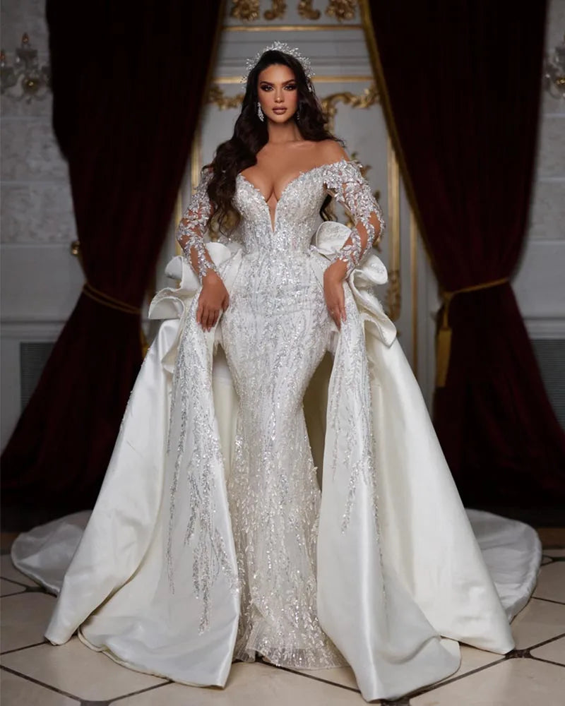 Off The Shoulder Long Sleeve Shiny Beading Crystal Mermaid Wedding Dress, White / 2 Off The Shoulder Long Sleeve Shiny Beading Crystal Mermaid Wedding Dress, White / 2