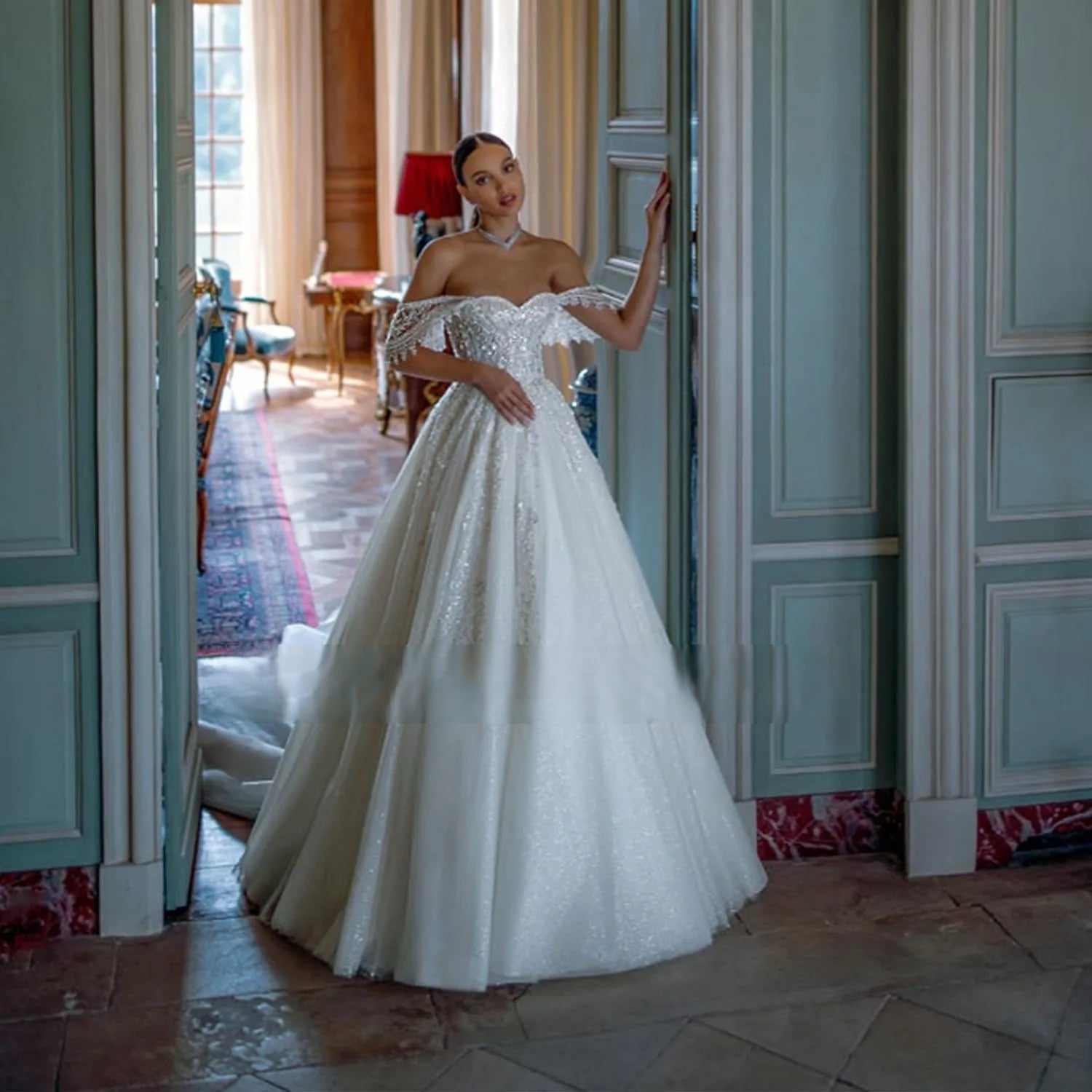 Off the Shoulder Tulle A-Line Wedding Dresses Beading Appliques Luxury Elsi John Off the Shoulder Tulle A-Line Wedding Dresses Beading Appliques Luxury Elsi John