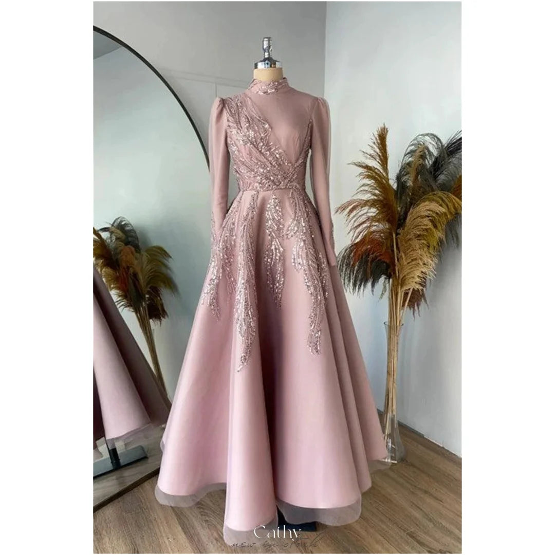 Pink Floral Embroidered A-Line Evening Dress with Sequins & Long Sleeves
