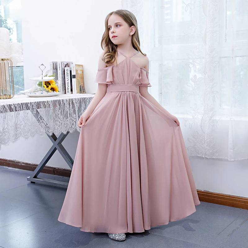 Dusty Pink Off Shoulder Chiffon Junior Bridesmaid A-Line Long Dress fo –  Elsi John