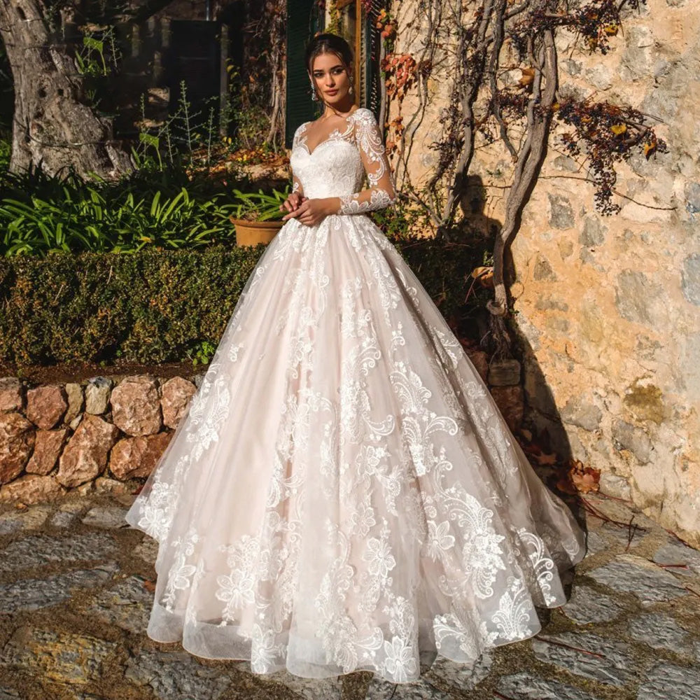 sexy elegant wedding dress Illusion Long Sleeve A-Line Vintage Scoop Neck Appl – Elsi John category: Shirtdress Size:56 X-Long Shiny Sequined Short Bridal Dolce & Gabbana Rose