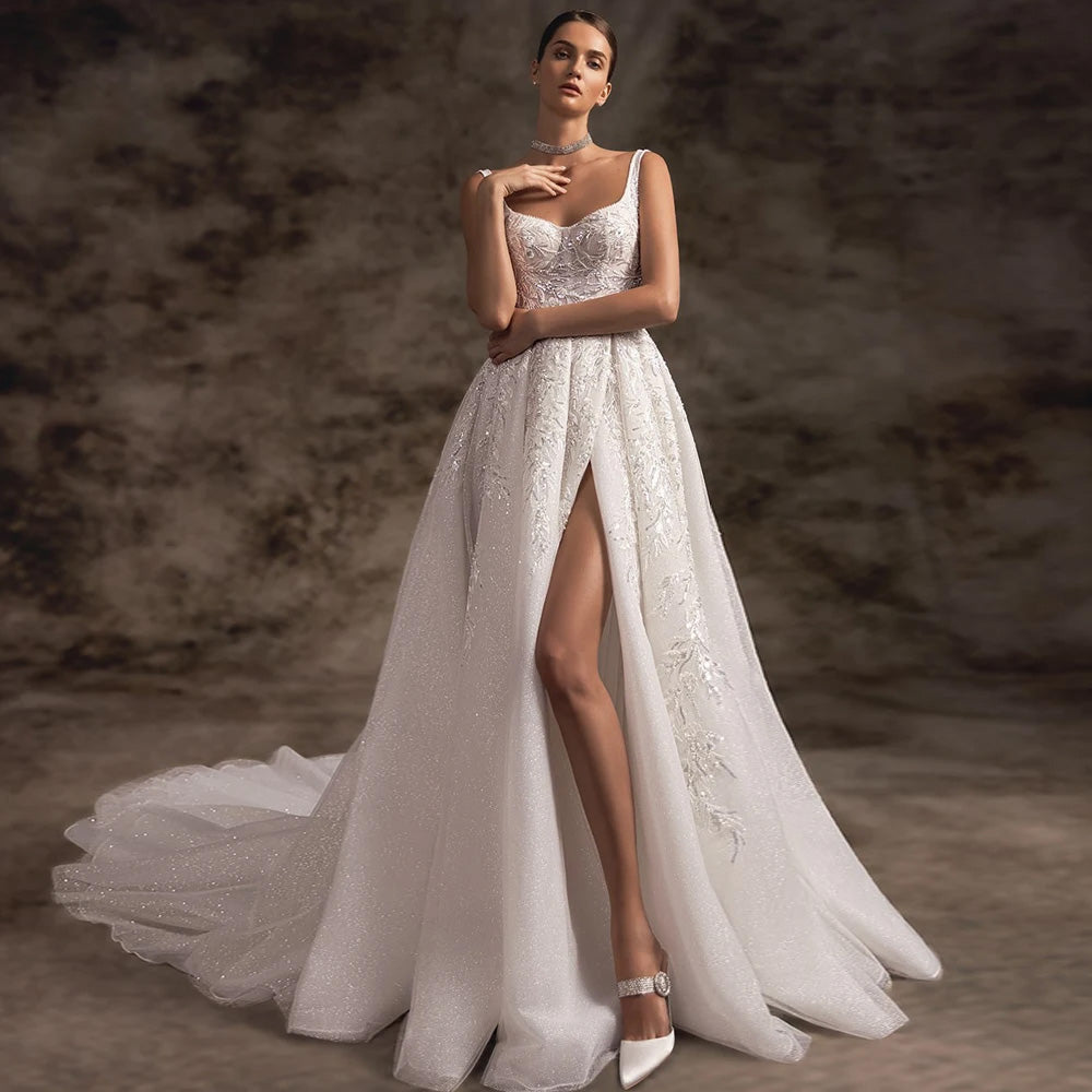 Sexy Slit A-Line Vintage Wedding Dress Luxury Spaghetti Straps Backles – Elsi John