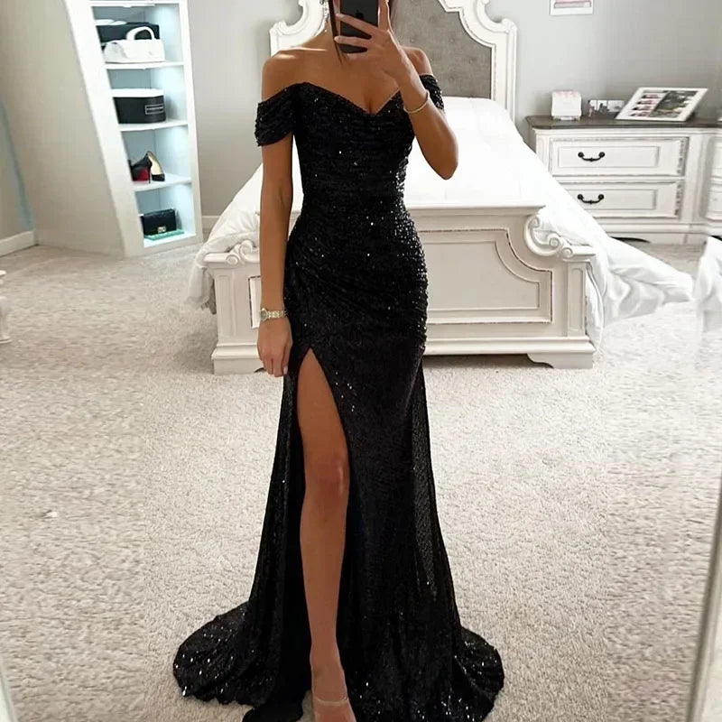 Chic Off-Shoulder Sequin Mermaid Maxi Dress 2025 Prom Party Evening Gown