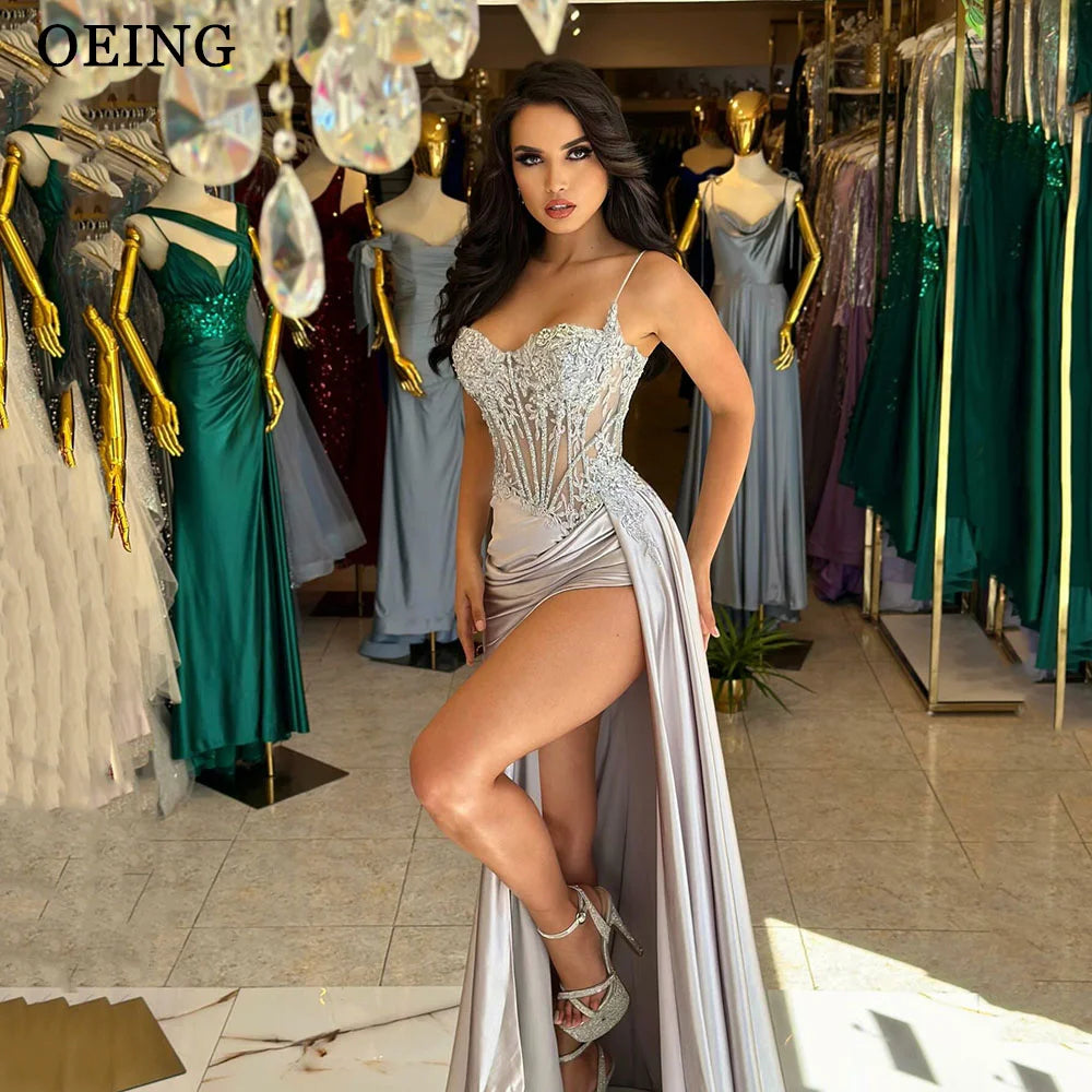 Silver Mermaid Prom Dress Spaghetti Strap High Slit Evening Gown