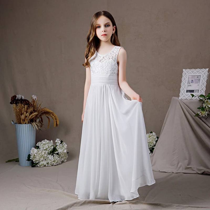 White Chiffon Lace Sleeveless Junior Bridesmaid Dress for Wedding Part Elsi John White Chiffon Lace Sleeveless Junior Bridesmaid Dress for Wedding Part Elsi John