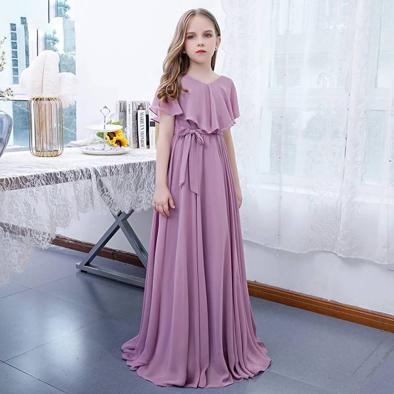 Wisteria Short Sleeve Chiffon Lace Flower Girls Dress A-Line Junior Br –  Elsi John