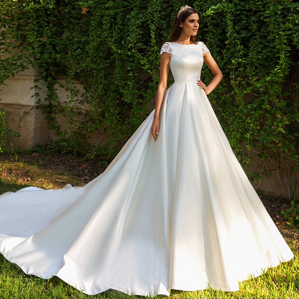 short sleeve wedding dresses Bridal Dress Beading Appliques Illusion Back France Satin Casual Dress Dresses For DressStyleLabel: Popover Appliques Lace;Fully Lined Size:12-18 months