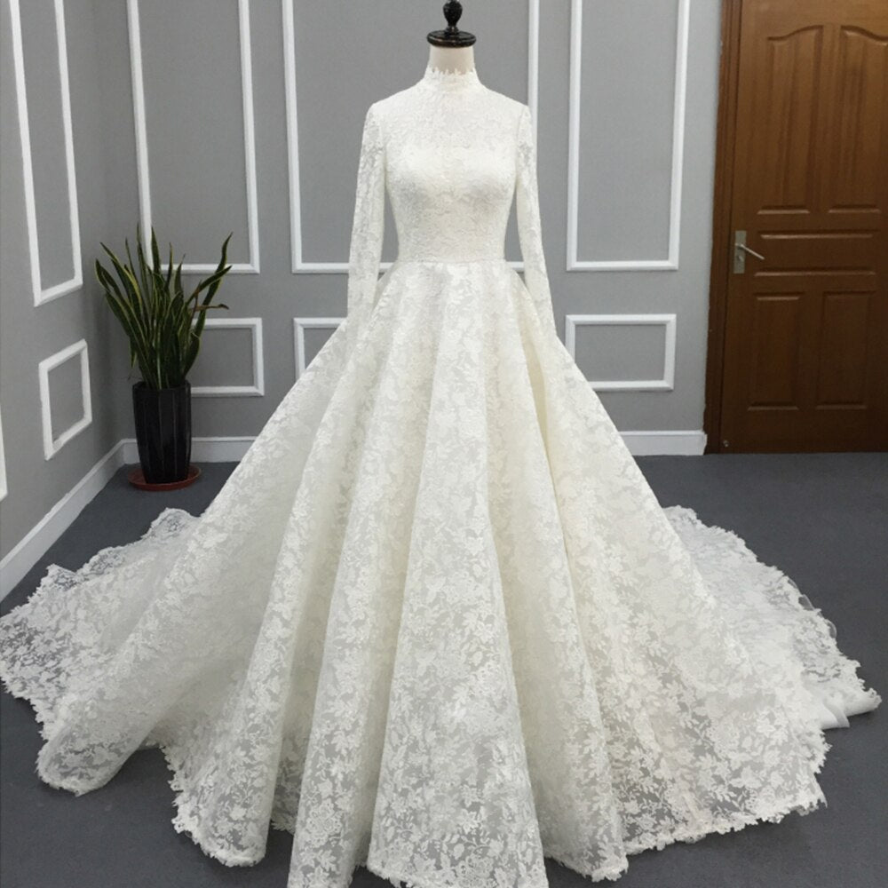 High Neck Long Sleeve Princess Lace A-line Muslim Wedding Dress With P –  Elsi John