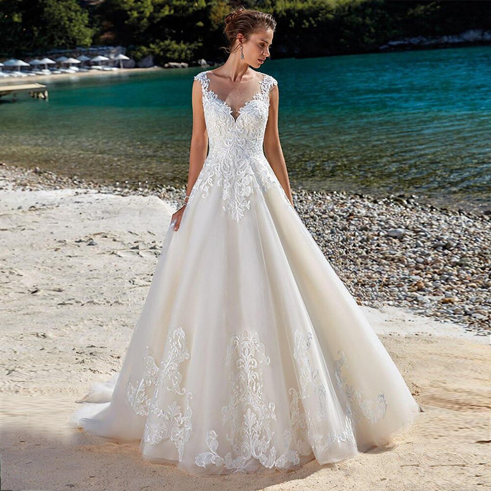 A-Line Luxury Sleeveless Wedding Dresses Floor Length Wedding Dress – Elsi  John