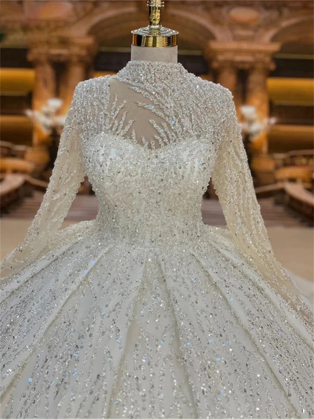 High Neck Long Sleeve Wedding Dress with Beads and Sequins