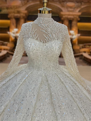 High Neck Ball Gown Wedding Dress With Luxury Beads Sequins Long Sleeve Bride Dresses Long Train Bridal Gown Real Images
