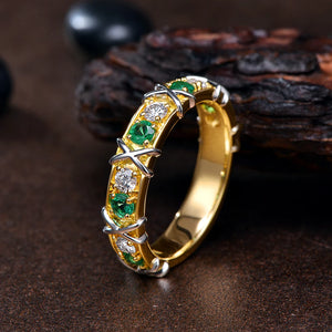 Natural 0.41ct Emerald 0.38ct Diamond 14k White and Yellow Gold Ring