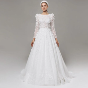 Flowers Draped Pleat Full Paillette A-line Wedding Dress Long Sleeve B Elsi John Flowers Draped Pleat Full Paillette A-line Wedding Dress Long Sleeve B Elsi John