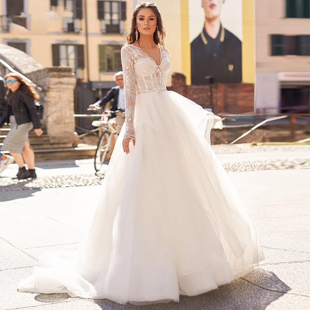 A-Line Beach Wedding Dresses Elegant Lace Long Sleeve Bridal Dress Court Train