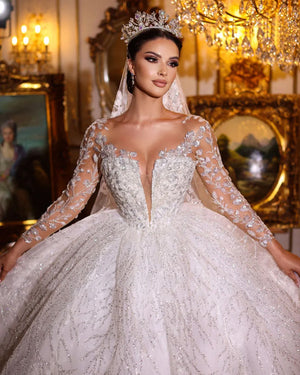 Long Sleeve Sparkly Beading Crystal Sequins Shiny Ball Gown Wedding Dress