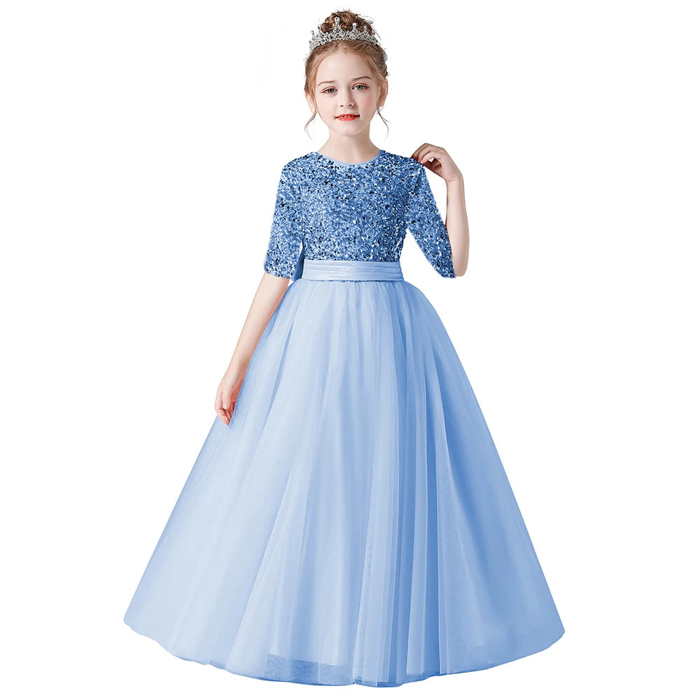 Sequin Half Sleeves Christmas Long Tulle Junior Concert Birthday Party Pageant Gown
