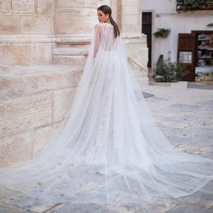O-Neck Mermaid Wedding Dress with Shawl Appliques Tulle Luxury Bridal Dress