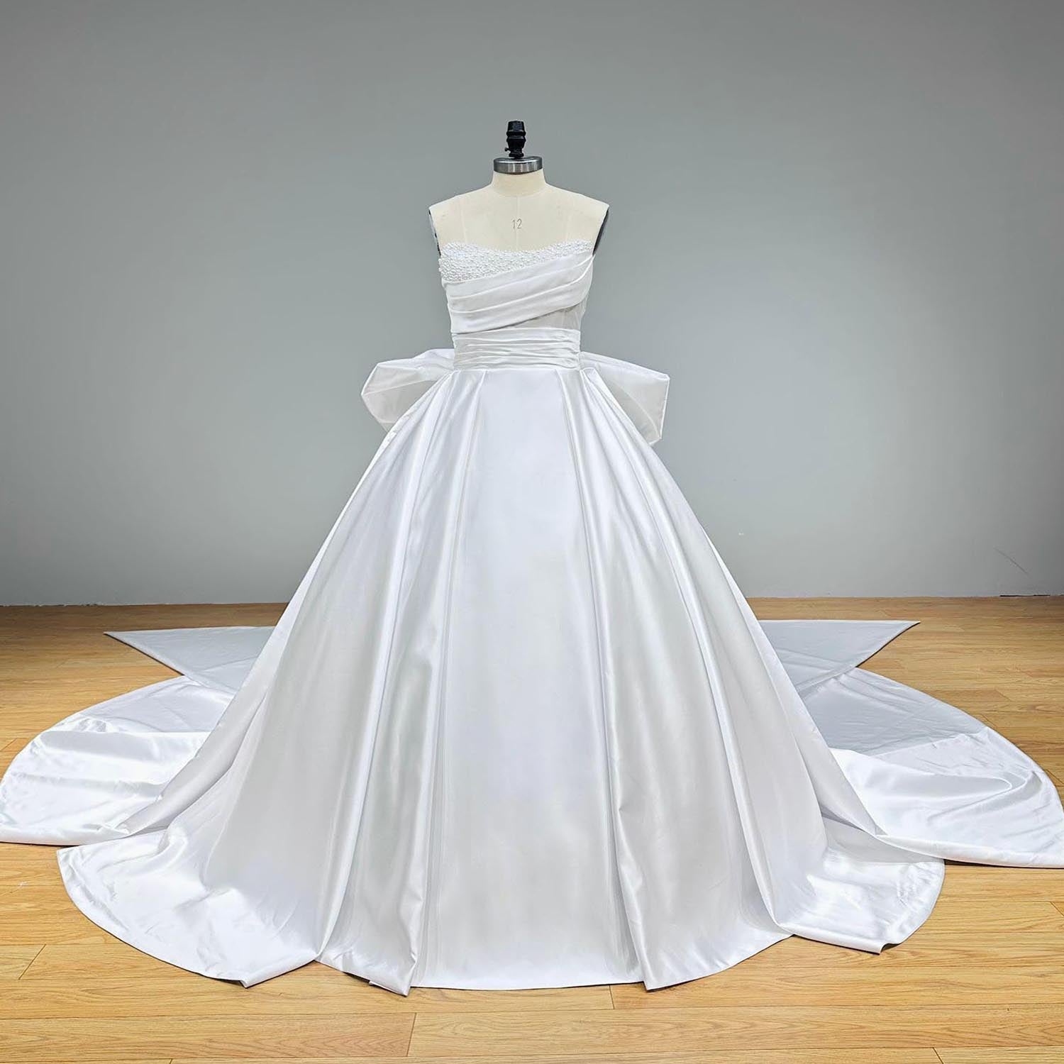 Light Effect Satin Ball Gown with Big Bow Chapel Train Pearls and Pleated Top