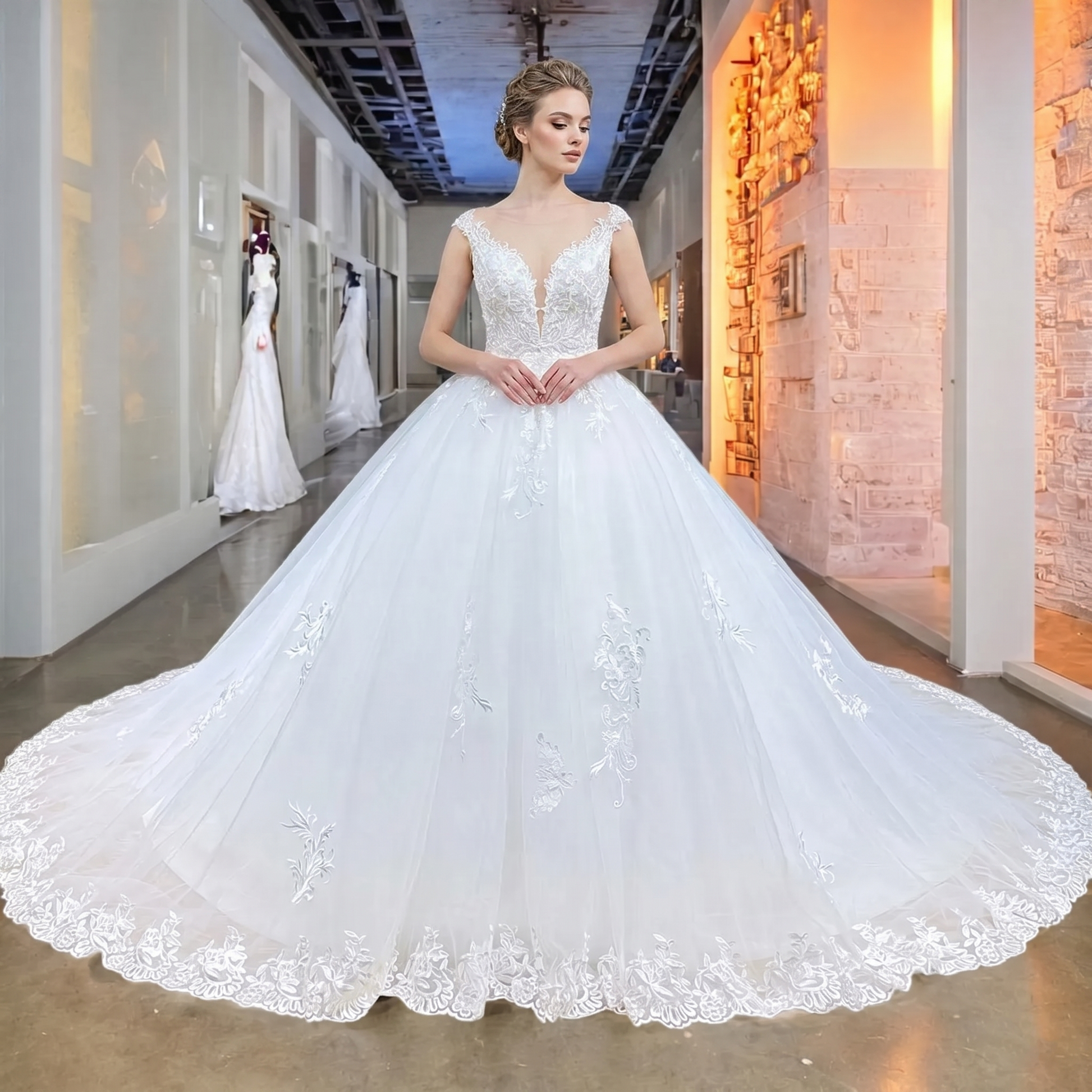 Elegant model wearing a 2-piece mermaid wedding dress with a voluminous detachable chapel skirt, featuring a beaded V-neck bodice and sequin details.