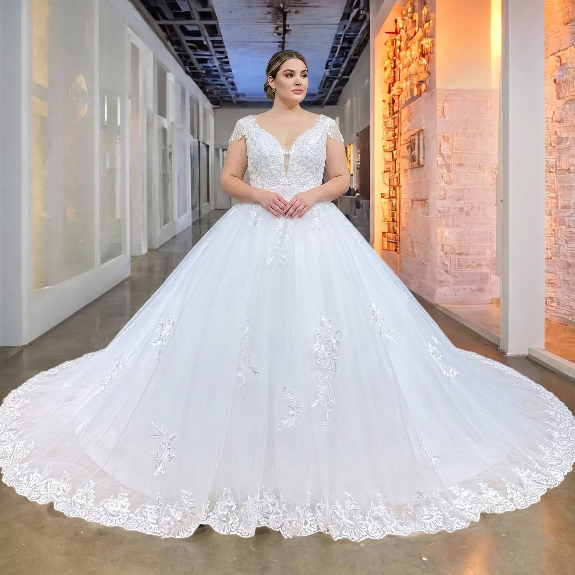 Plus-size bride modeling a stunning 2-piece mermaid wedding gown with an attached chapel-length overskirt, beaded bodice, and fringe sleeve details.