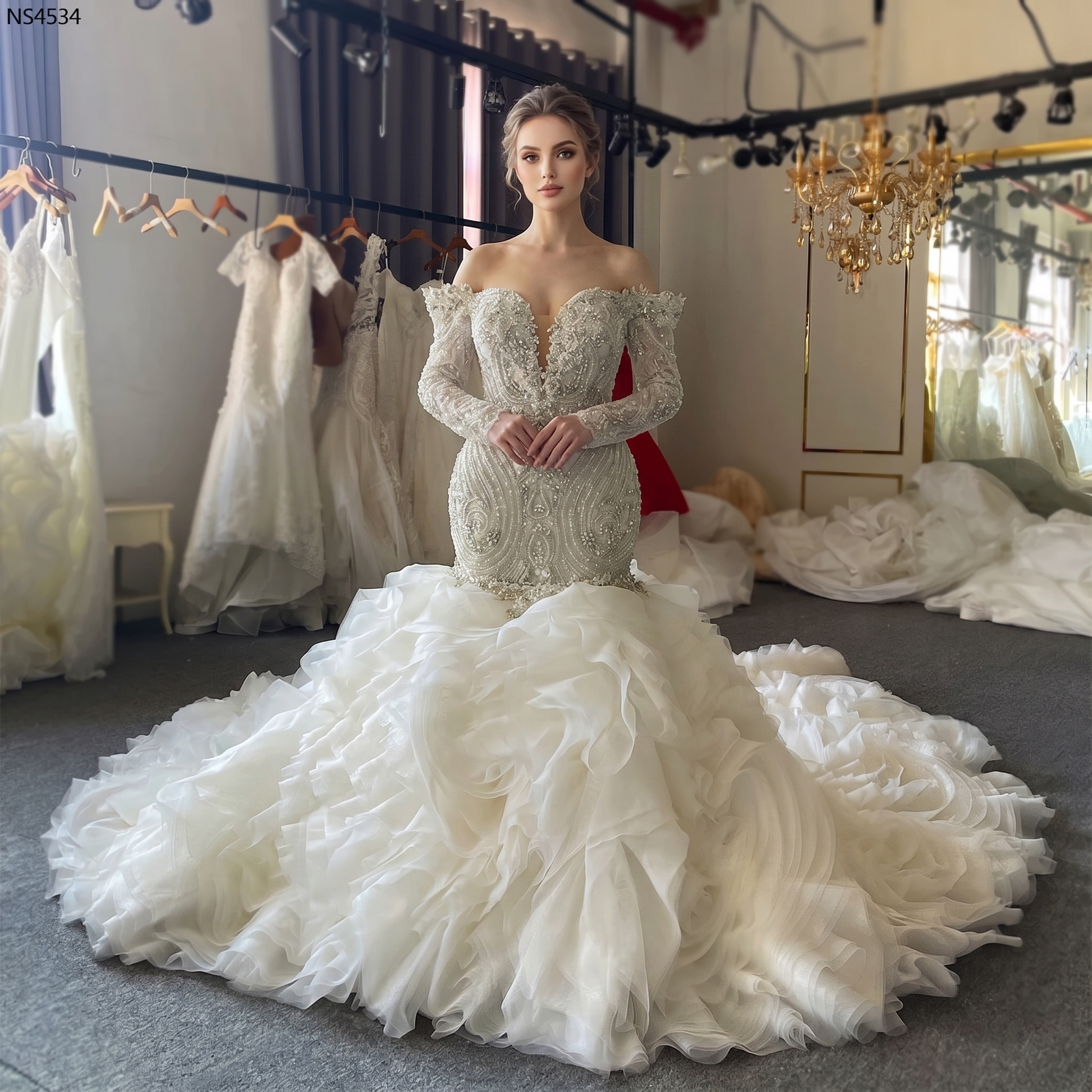 Full front view of a luxury plus-size 2-in-1 mermaid wedding dress with heavy crystal beading, long sleeves, and a majestic detachable shimmering overskirt.