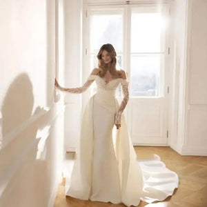 Gorgeous Long Sleeves Mermaid Wedding Dress with Detachable Train Luxury Bridal Gown