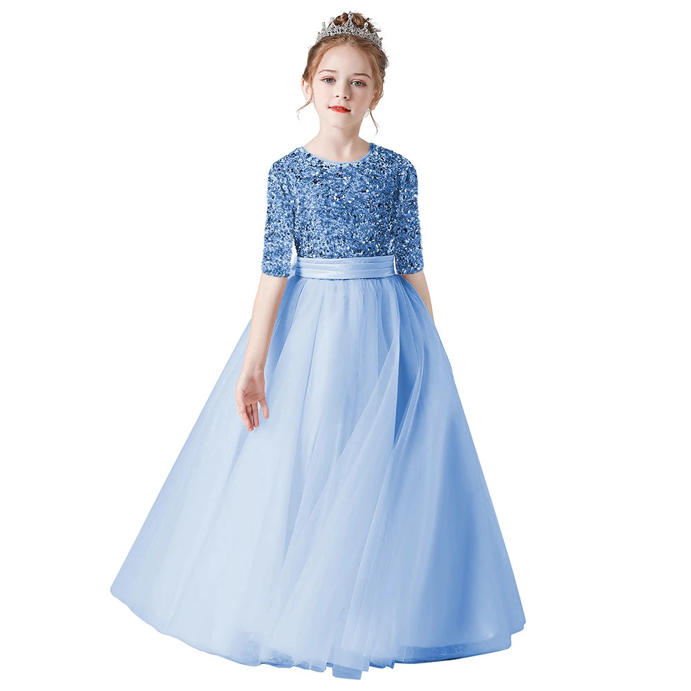 Sequin Half Sleeves Christmas Long Tulle Junior Concert Birthday Party Pageant Gown
