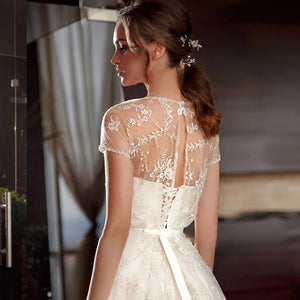 O-Neck Short Sleeve Lace Beach Wedding Dress With Elegant Bow Pearls