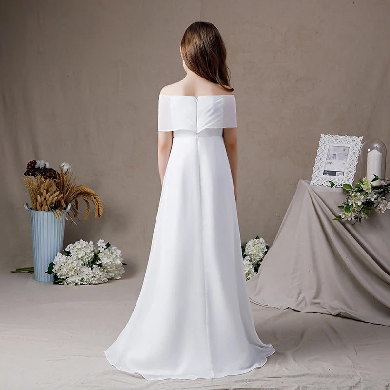 White Off The Shoulder Chiffon Girl Dress