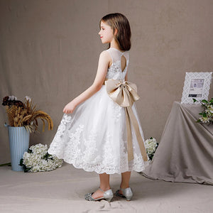 Tulle Sleeveless Big Bow Tea-Length Flower Girl First Communion Dress