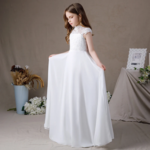 Lace Chiffon Girl Dress Cap Sleeves First Communion Gown