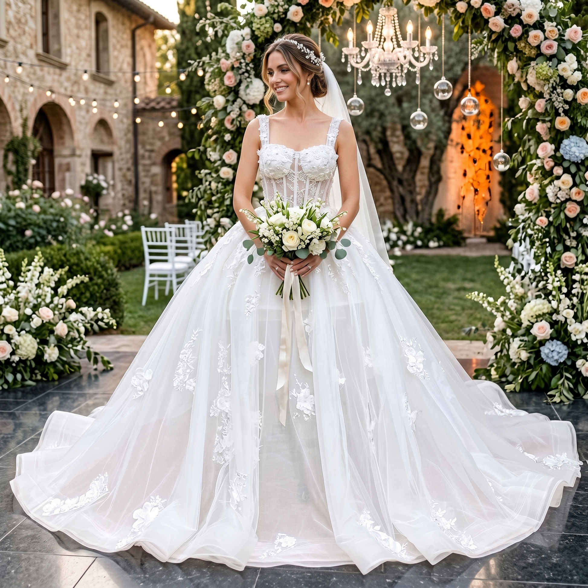 Smiling bride wearing a romantic square-neck ball gown wedding dress with a sheer corset bodice and scattered 3D floral appliques in a garden setting.