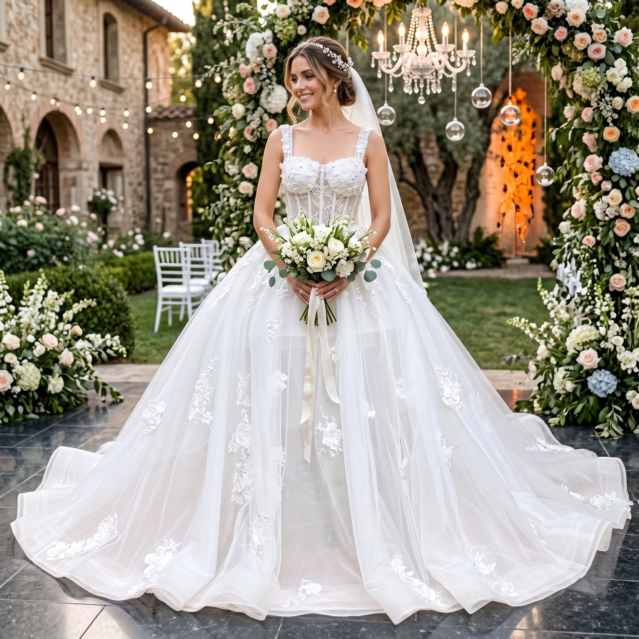 Smiling bride wearing a romantic square-neck ball gown wedding dress with a sheer corset bodice and scattered 3D floral appliques in a garden setting.