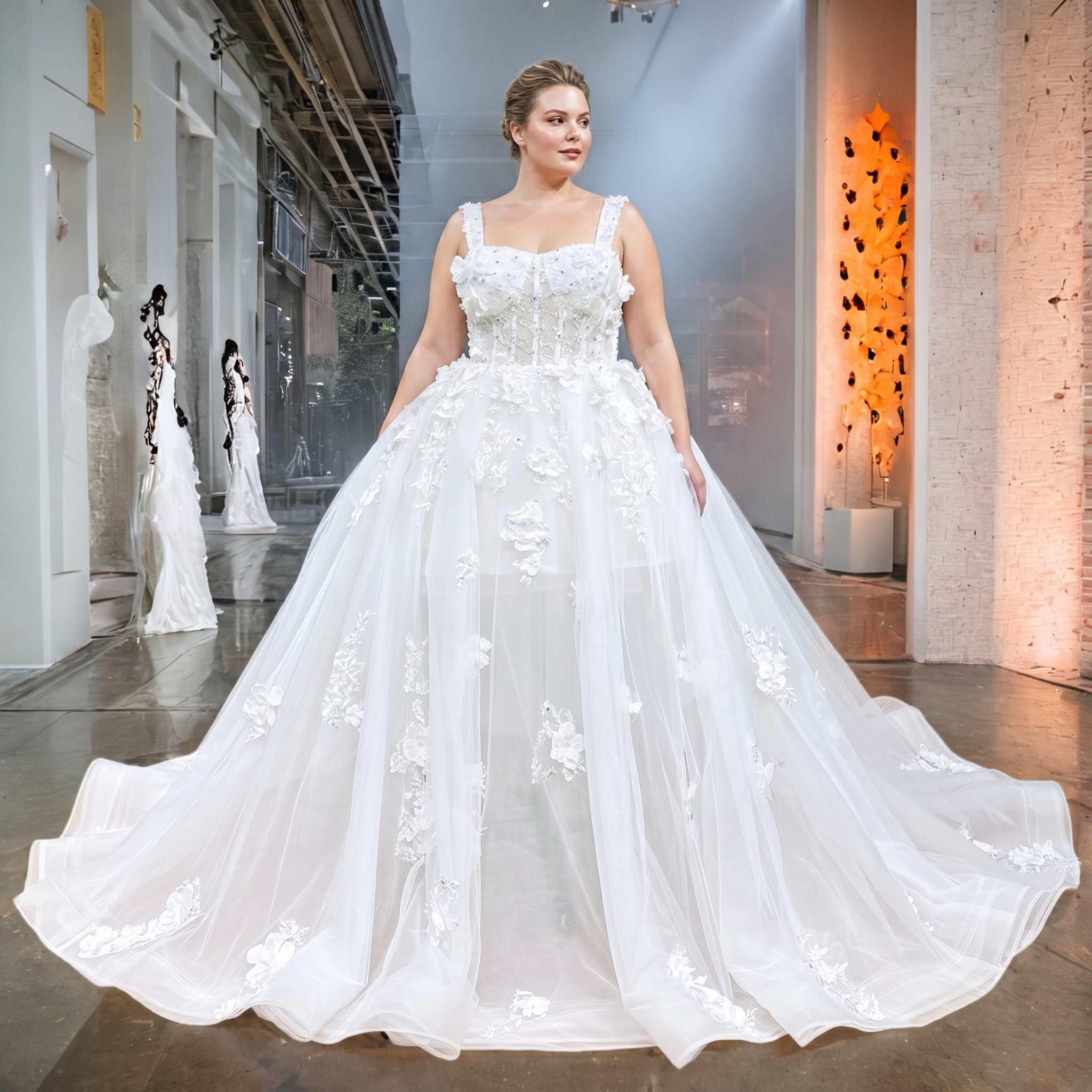 Plus-size bride showcasing a voluminous tulle ball gown bridal dress featuring thick straps, 3D flower details, and a cathedral-length train.