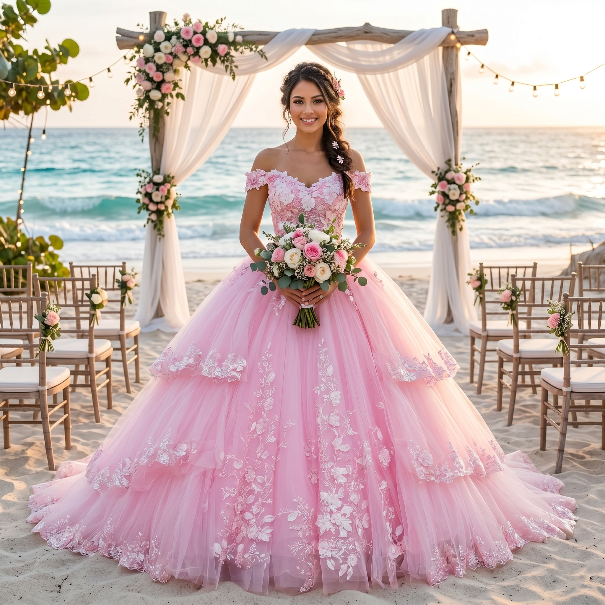 Smiling bride wearing a pink off-the-shoulder princess ball gown wedding dress with 3D flowers at a tropical beach ceremony altar.