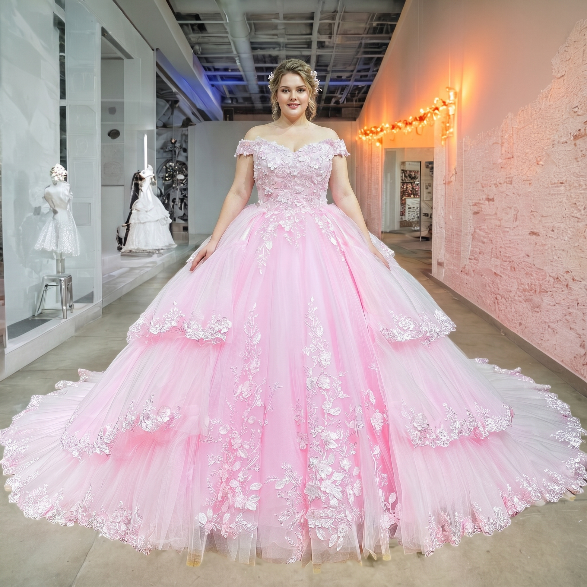 Studio portrait of a plus-size bride modeling a tiered pink tulle bridal gown featuring dimensional floral embroidery and white lace appliques.