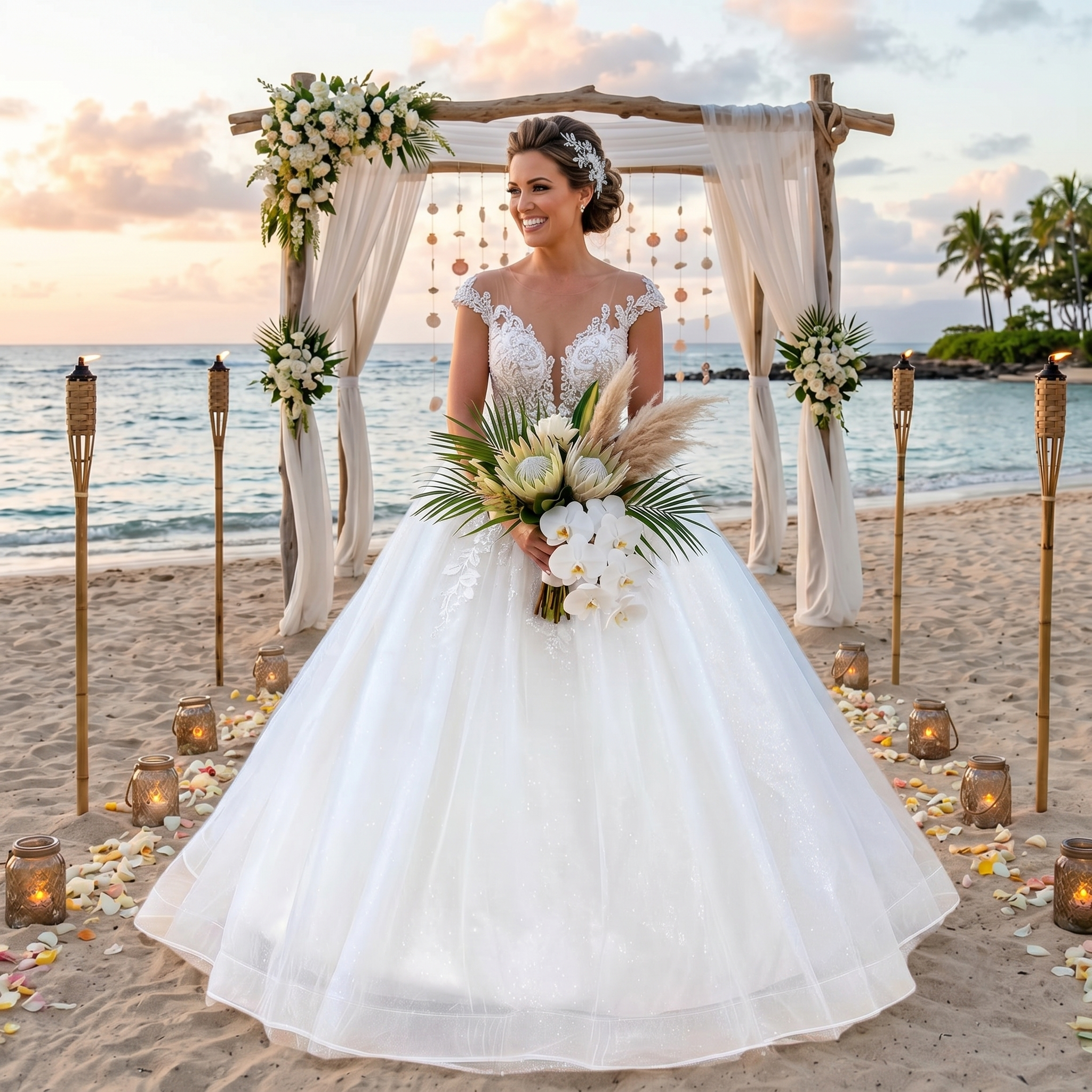 Smiling bride on a beach at sunset holding a tropical bouquet, wearing a luxury cap sleeve vintage wedding dress featuring a full tulle skirt and 3D handmade flowers.