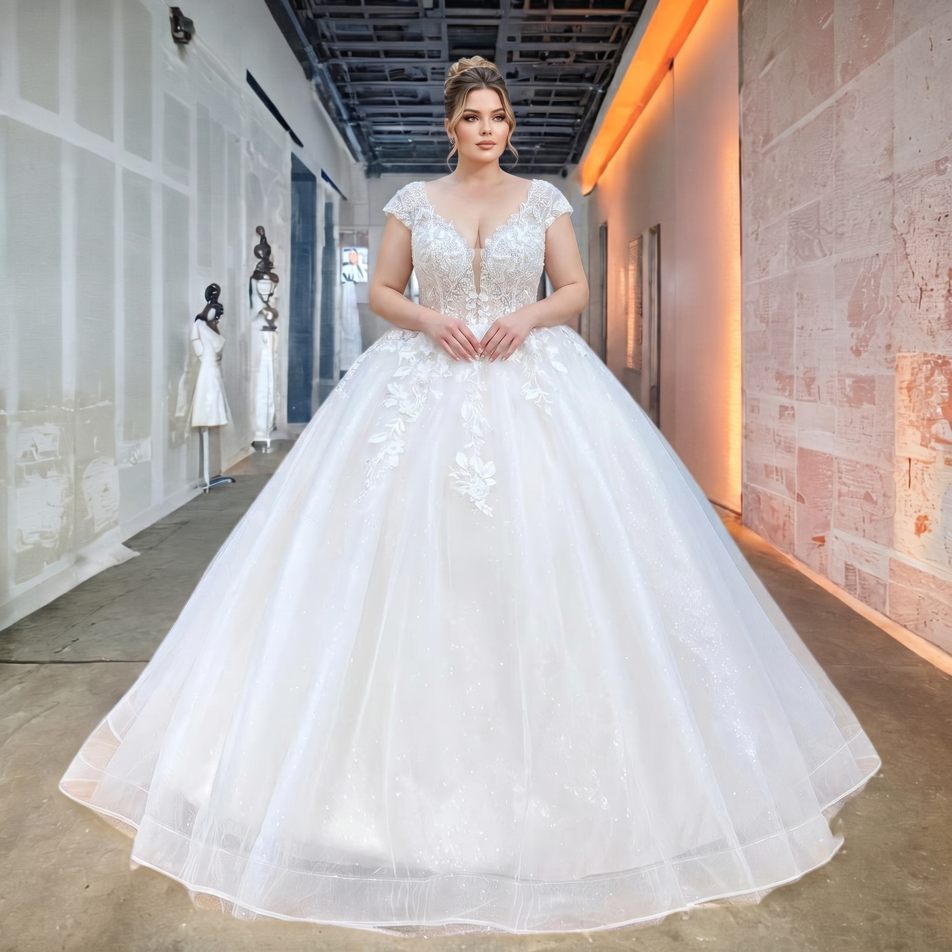 Plus-size model in a modern indoor setting wearing a luxury vintage wedding dress with cap sleeves, an illusion V-neckline, and delicate 3D handmade flowers cascading down the bodice.
