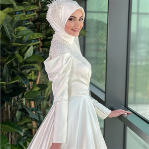 Elegant Satin Muslim Wedding Dress 2024 Delicate Appliques Lace Bridal Gown  Classic High Neck Long Sleeve Wedding Dresses