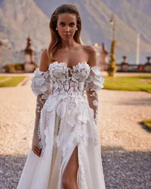 High Neck Long Sleeve Sexy Skirt Slit Flowers Lace 2 Pieces Beach Wedding Dress