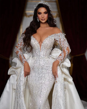 Off The Shoulder Long Sleeve Shiny Beading Crystal Mermaid Wedding Dress