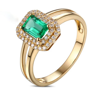 Emerald Double Halo 0.6ct NaturalGreen Diamond Ring 14k Yellow Gold